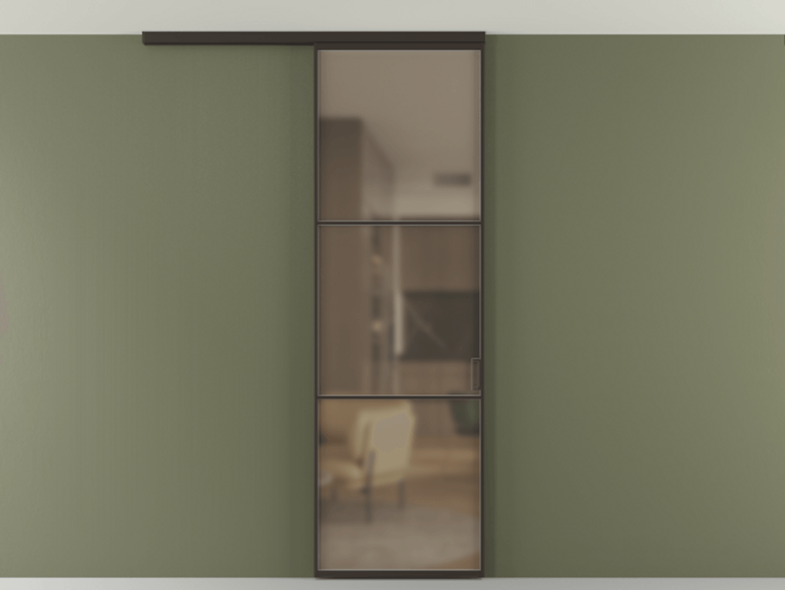 Перегородка Формато вдоль стены на потолок 1 створка АЛПР 040.03 Алюминий антрацит Сатинированное бронзовое стекло, триплекс Цена 100988 ₽ | Volhovec