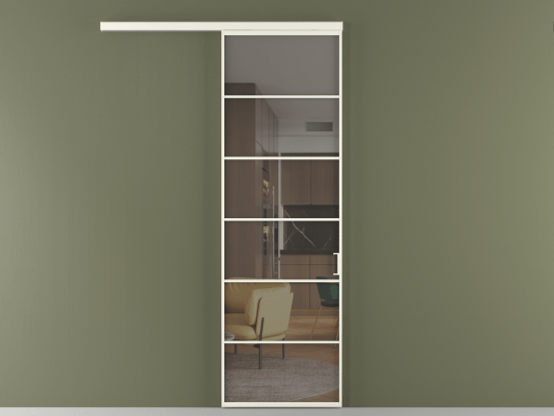 Перегородка Формато вдоль стены 1 створка АЛПР 040.04 Алюминий жемчужный Прозрачное серое стекло, триплекс Цена 112320 ₽  | Volhovec