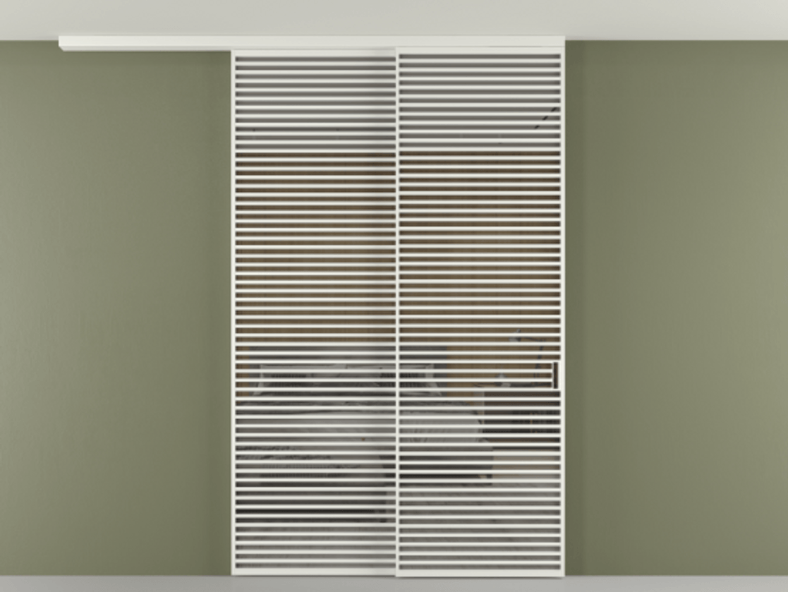 Перегородка Формато вдоль стены на потолок 2 створки с синхронным механизмом АЛПР 040.07 Алюминий светло-серый Рефлективное серое стекло "Стопсол", калёное Цена 542620 ₽ | Volhovec