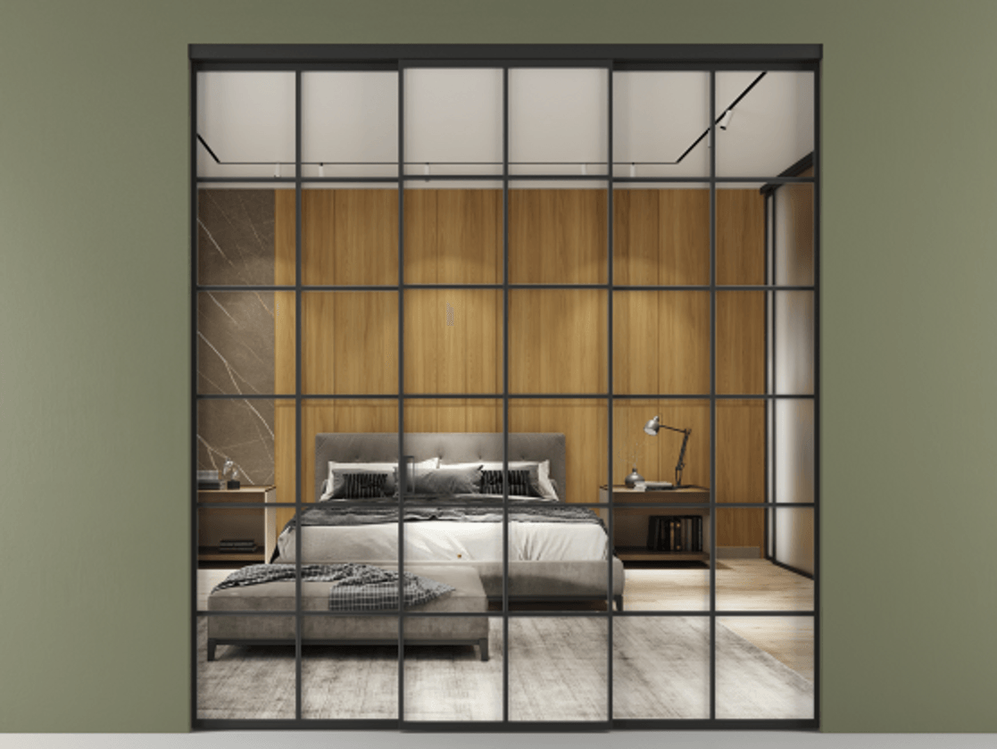 Перегородка Formato внутри проёма 3 створки АЛПР 040.05 Алюминий Черный Двустороннее зеркало, триплекс , триплекс 6 мм Цена 244625 ₽ | Volhovec