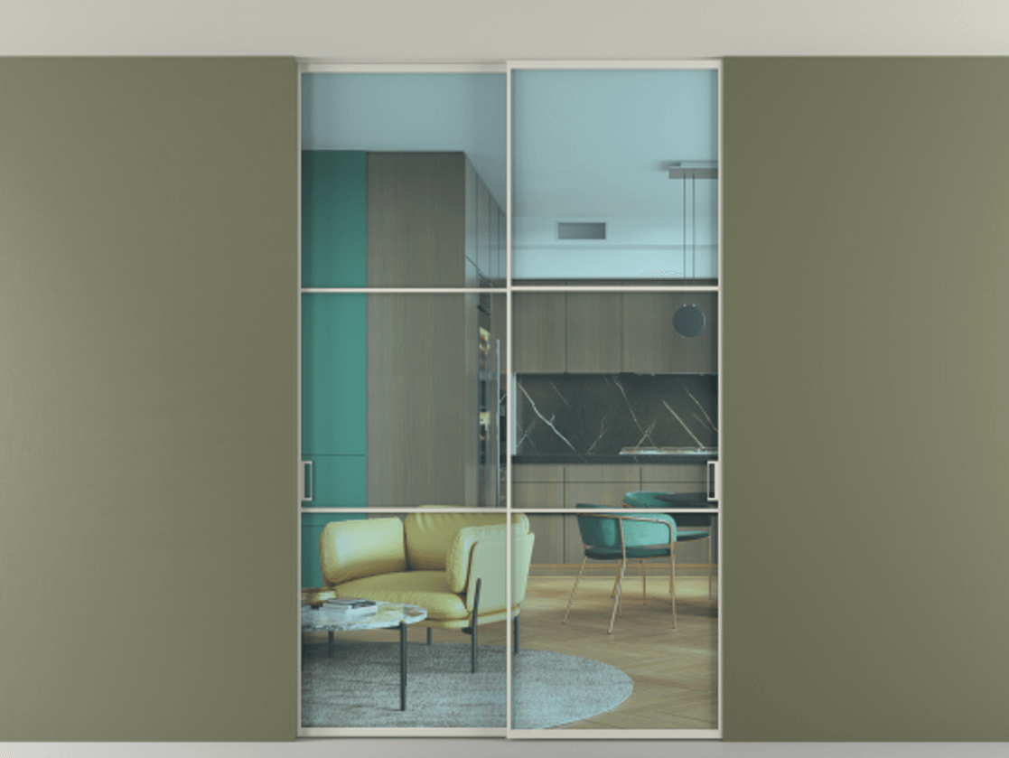 Перегородка Формато внутри проёма скрытое крепление в потолок 2 створки АЛПР 040.03 Алюминий тёплый серый Прозрачное голубое стекло, триплекс Цена 248215 ₽ | Volhovec