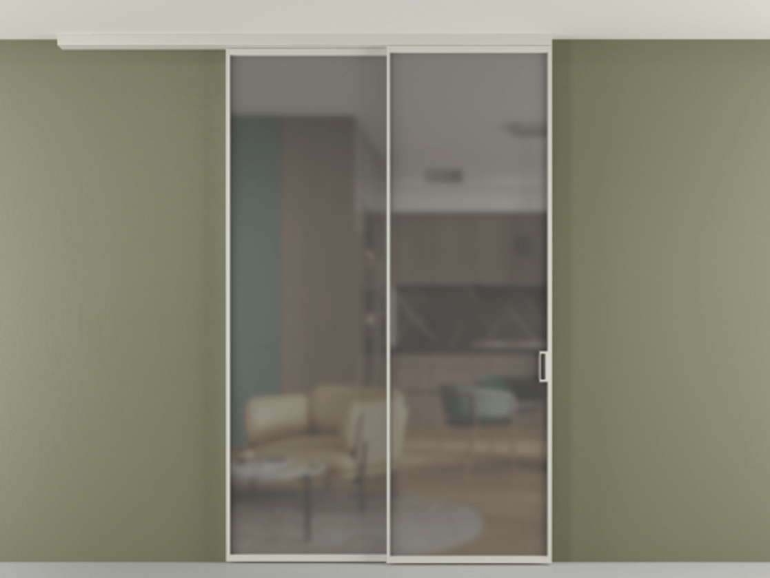 Перегородка Формато вдоль стены на потолок 2 створки с синхронным механизмом АЛПР 040.01 Алюминий тёплый серый Сатинированное серое стекло, триплекс Цена 299140 ₽ | Volhovec