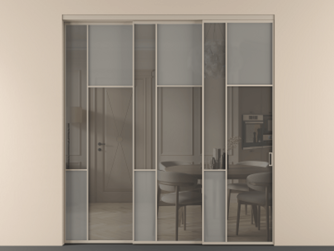 Перегородка Мозаик внутри проёма 3 створки с синхронным механизмом АЛПР 041.11 Алюминий бисквитный Сатинированное серое стекло, триплекс, 6 мм + Прозрачное серое стекло, триплекс Цена 437390 ₽ | Volhovec