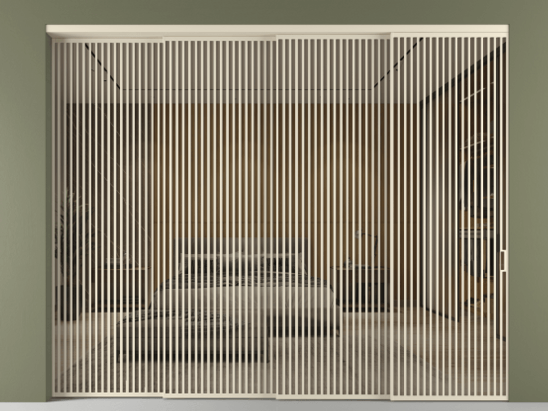 Перегородка Формато внутри проёма 4 створки с синхронным механизмом АЛПР 040.06 Алюминий бежево-серый Рефлективное бронзовое стекло "Стопсол", калёное Цена 802920 ₽ | Volhovec