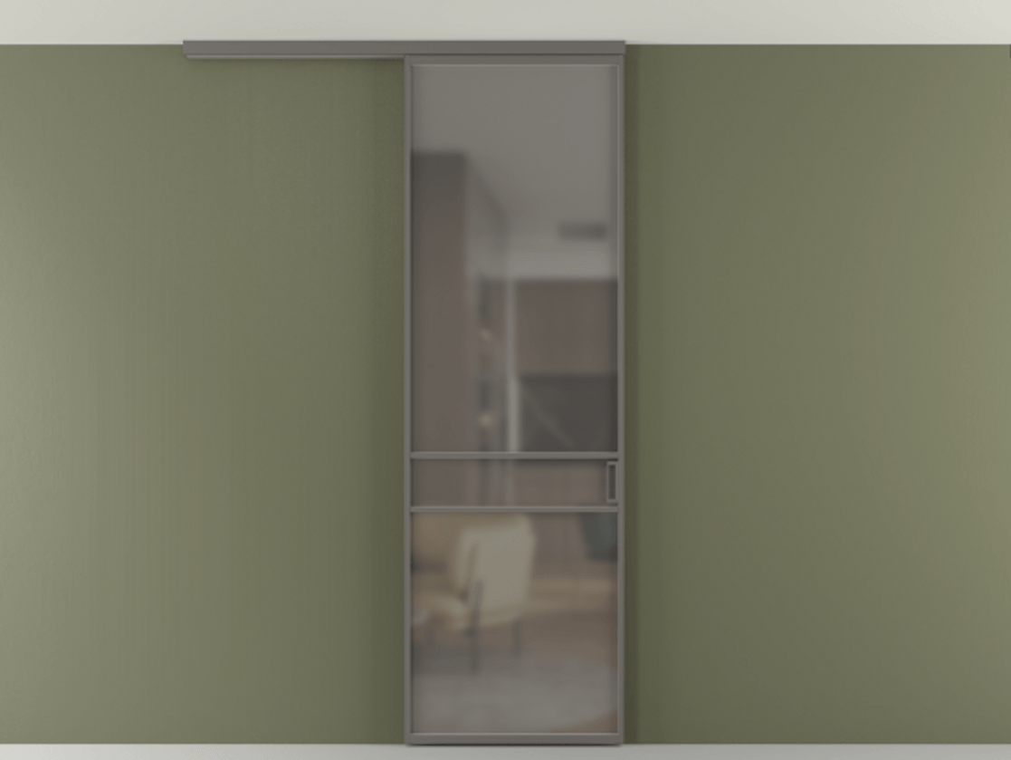 Перегородка Формато вдоль стены на потолок 1 створка АЛПР 040.02 Алюминий классический серый Сатинированное серое стекло, триплекс Цена 96858 ₽ | Volhovec