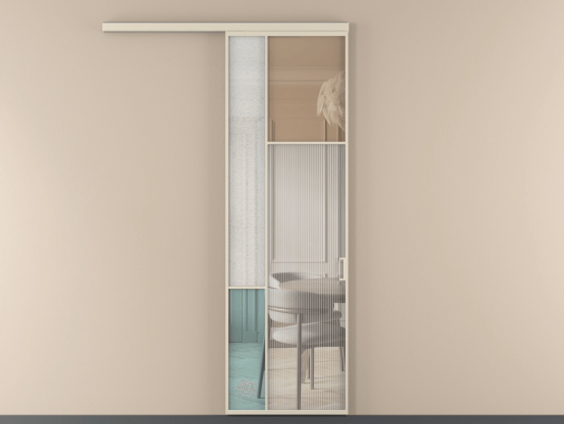 Перегородка Mosaic вдоль стены одностворчатая АЛПР 041.11  Алюминий бежево-серый Комбинация стекол Группы 1 и Группы 3 Цена 143030 ₽ | Volhovec