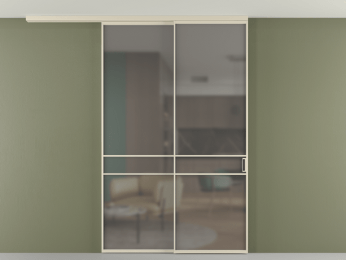 Перегородка Формато вдоль стены на потолок 2 створки с синхронным механизмом АЛПР 040.02 Алюминий бежево-серый Сатинированное серое стекло, триплекс Цена 311020 ₽ | Volhovec