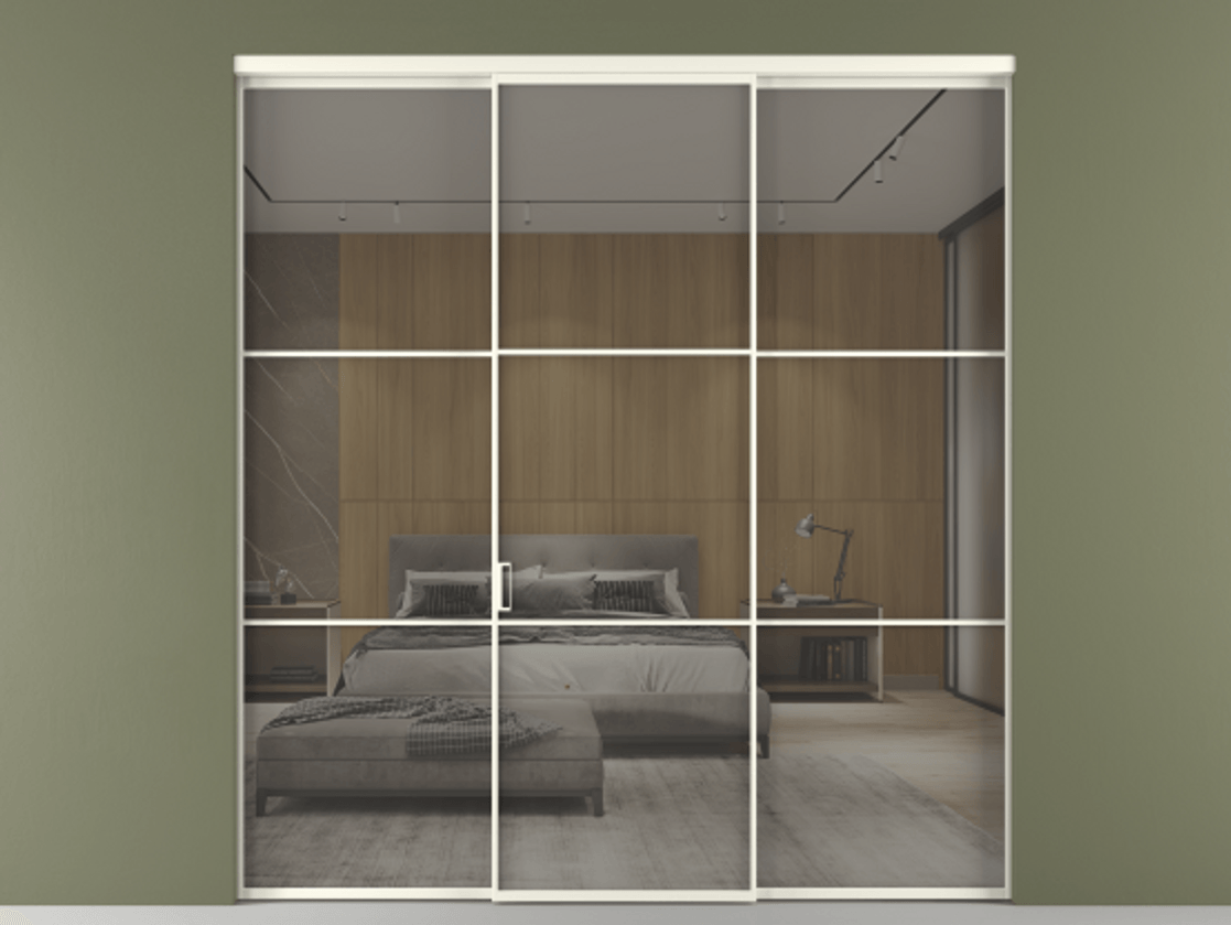 Перегородка Формато внутри проёма 3 створки АЛПР 040.03 Алюминий жемчужный Рефлективное серое стекло "Стопсол", калёное Цена 317600 ₽ | Volhovec