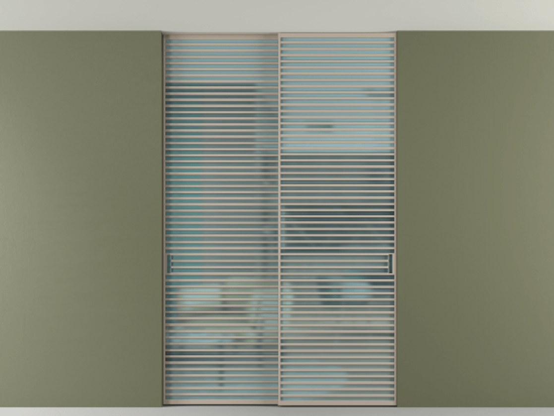 Перегородка Формато внутри проёма скрытое крепление в потолок 2 створки АЛПР 040.07 Алюминий бисквитный Сатинированное голубое стекло, триплекс Цена 409915 ₽ | Volhovec