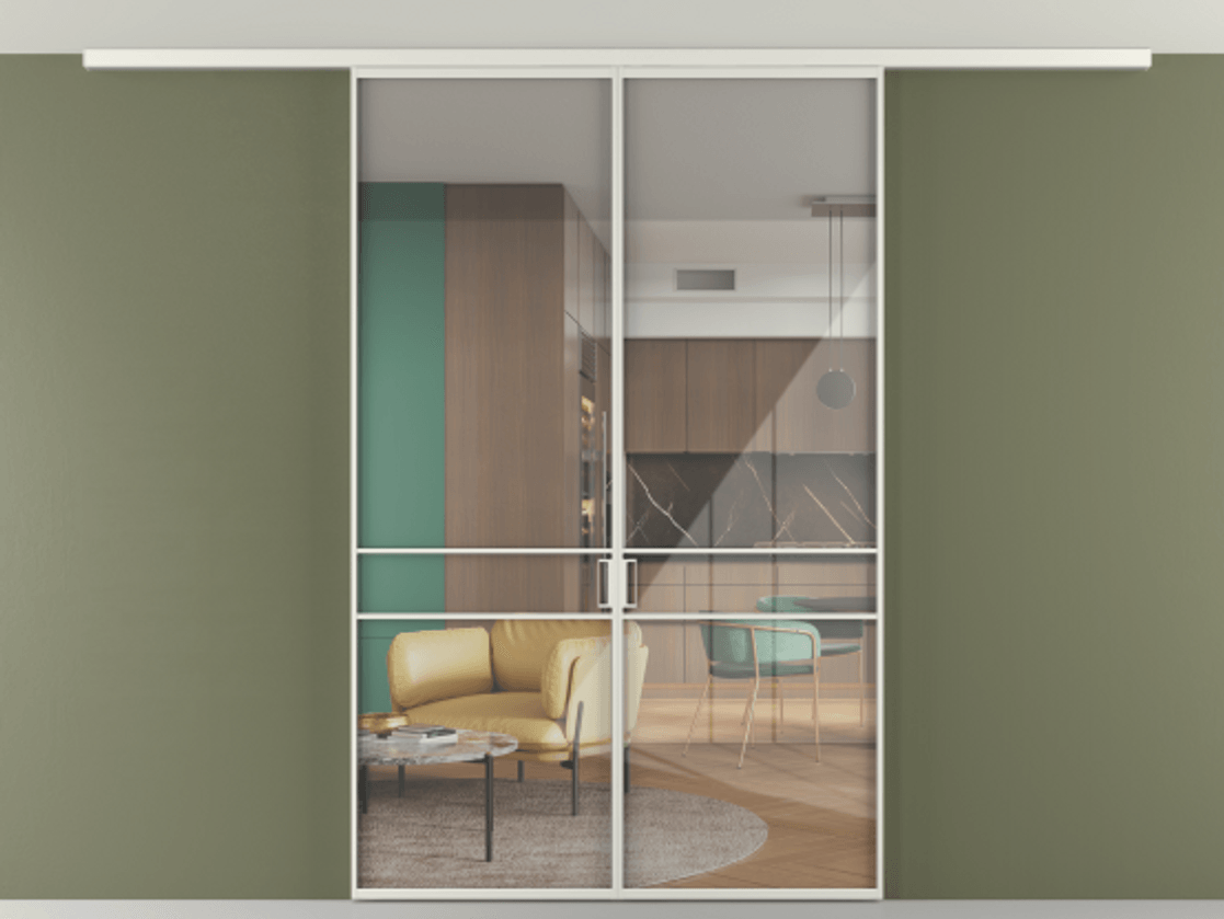 Перегородка Формато вдоль стены на потолок 2 створки АЛПР 040.02 Алюминий серый Рефлективное прозрачное стекло "Стопсол", калёное Цена 207676 ₽ | Volhovec