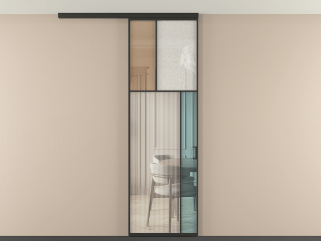 Перегородка Мозаик вдоль стены на потолок 1 створка АЛПР 041.23 Алюминий Черный Комбинация стекол Группы 1 и Группы 3 Цена 135560 ₽ | Volhovec