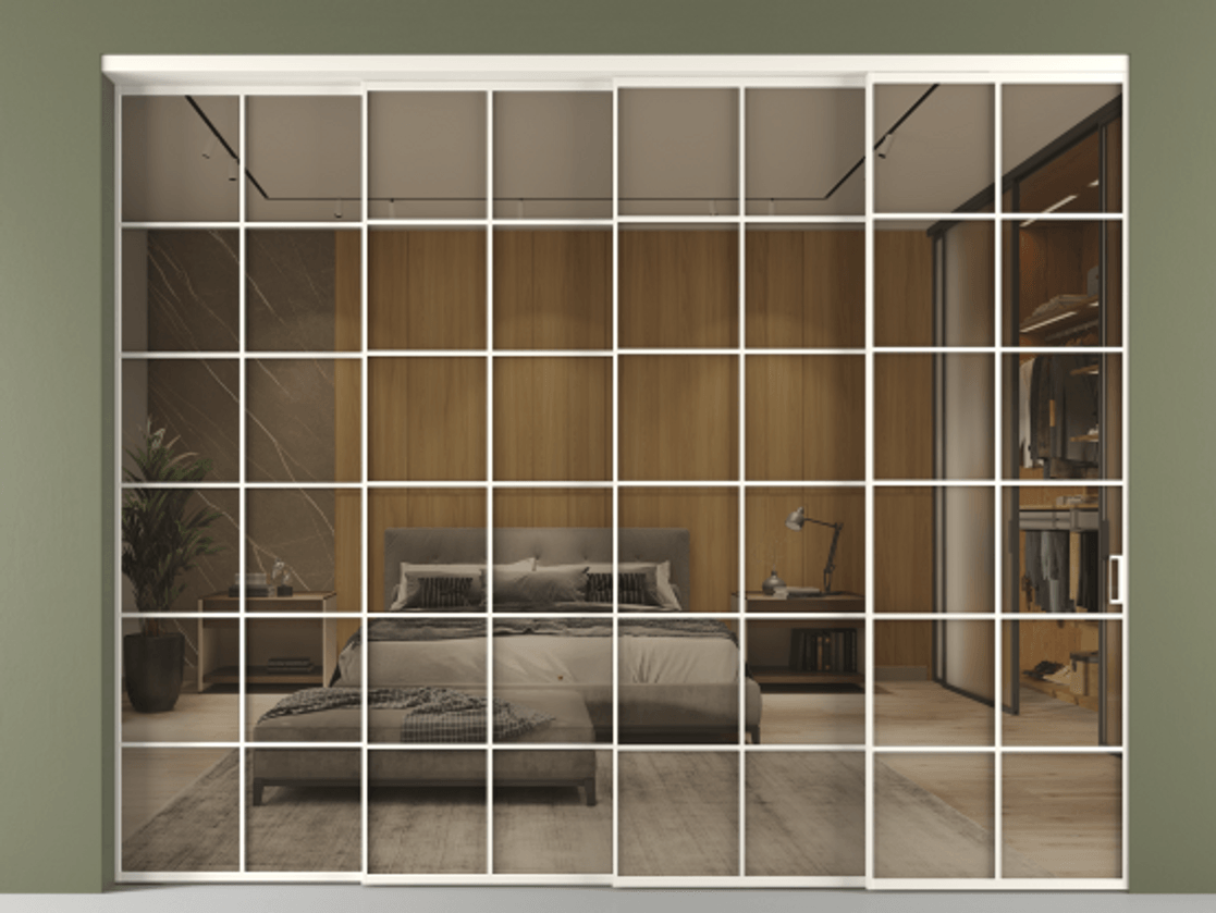 Перегородка Формато внутри проёма 4 створки с синхронным механизмом АЛПР 040.05 Алюминий пудровый белый Рефлективное бронзовое стекло "Стопсол", калёное Цена 514280 ₽ | Volhovec