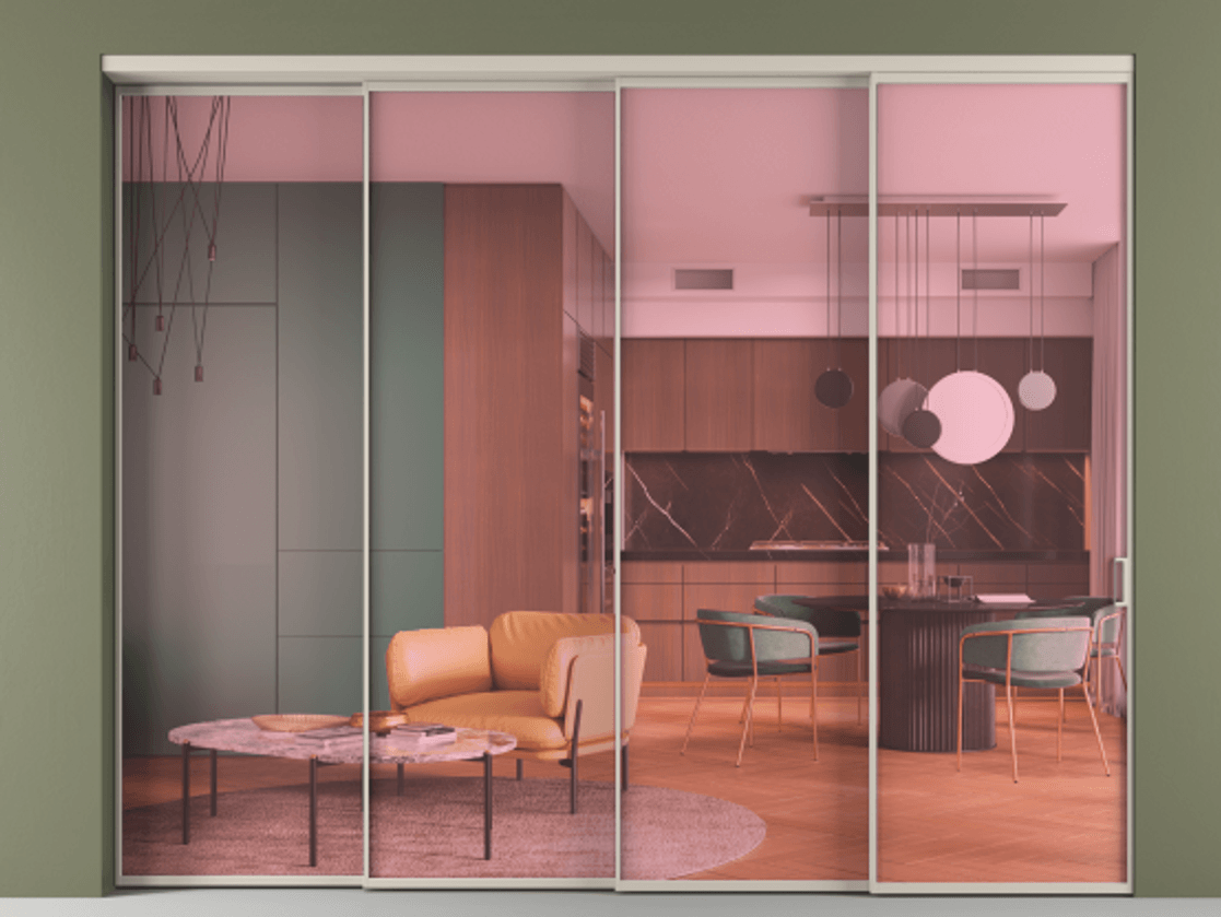 Перегородка Formato внутри проёма телескопик синхро 3 АЛПР 040.01 Алюминий светло-бежевый Прозрачное розовое стекло, триплекс Цена 446440 ₽ | Volhovec