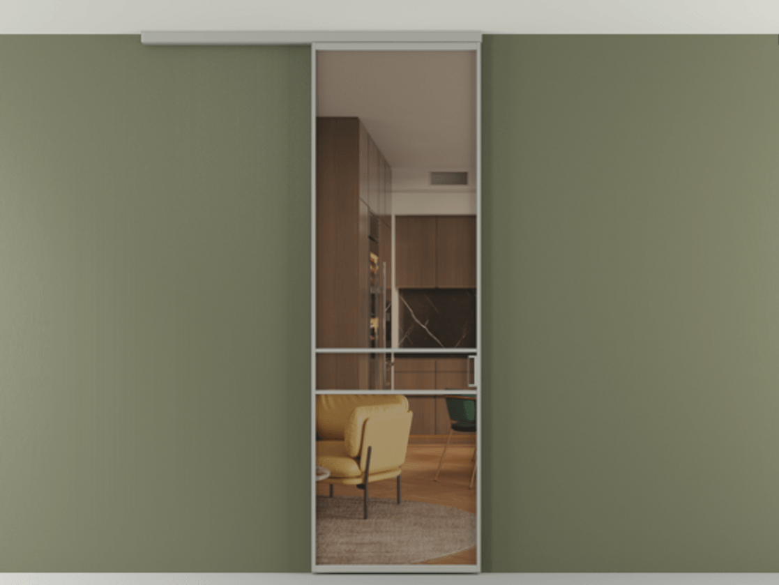 Перегородка Formato вдоль стены на потолок 1 створка АЛПР 040.02 Алюминий нейтральный серый Прозрачное бронзовое стекло, триплекс Цена 96858 ₽ | Volhovec