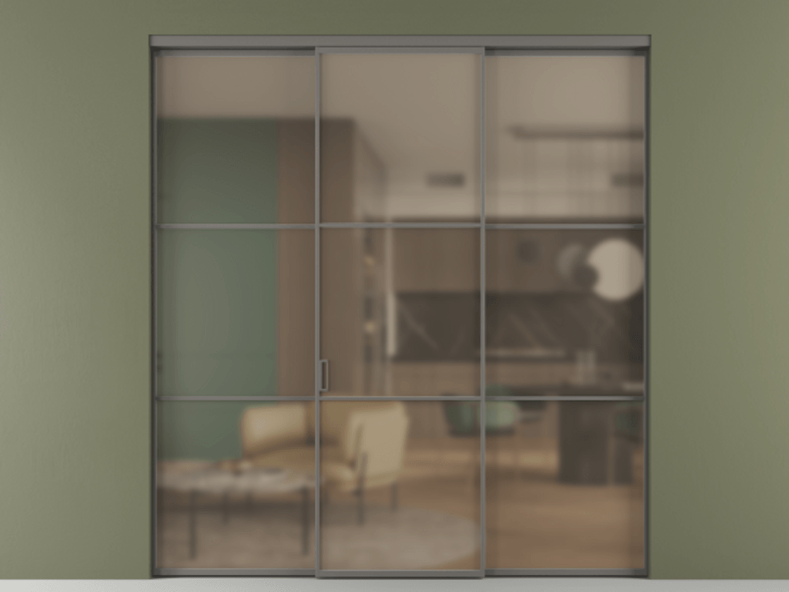 Перегородка Формато внутри проёма 3 створки АЛПР 040.03 Алюминий классический серый Сатинированное бронзовое стекло, триплекс. Цена 284730 ₽ 1. Полотно 3 шт. (800/2100 мм)
2. Комплект установки раздвижной системы
3. Базовый комплект фурнитуры
4.Ручка Рондо. Фабрика дверей Волховец 8 (800) 551 43 19 Перегородка Формато внутри проёма 3 створки АЛПР 040.03 Алюминий классический серый Сатинированное бронзовое стекло, триплекс Цена 284730 ₽ | Volhovec