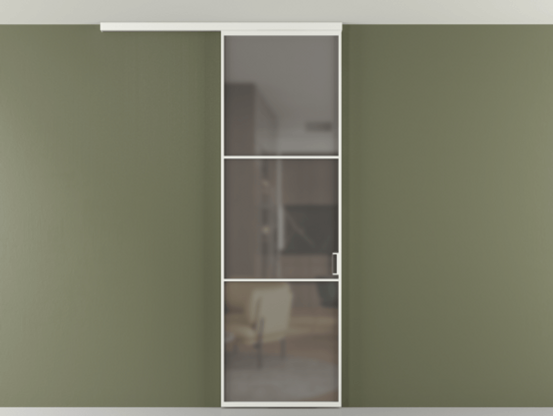 Перегородка Формато вдоль стены на потолок 1 створка АЛПР 040.03 Алюминий светло-серый Сатинированное серое стекло, триплекс Цена 96858 ₽ | Volhovec