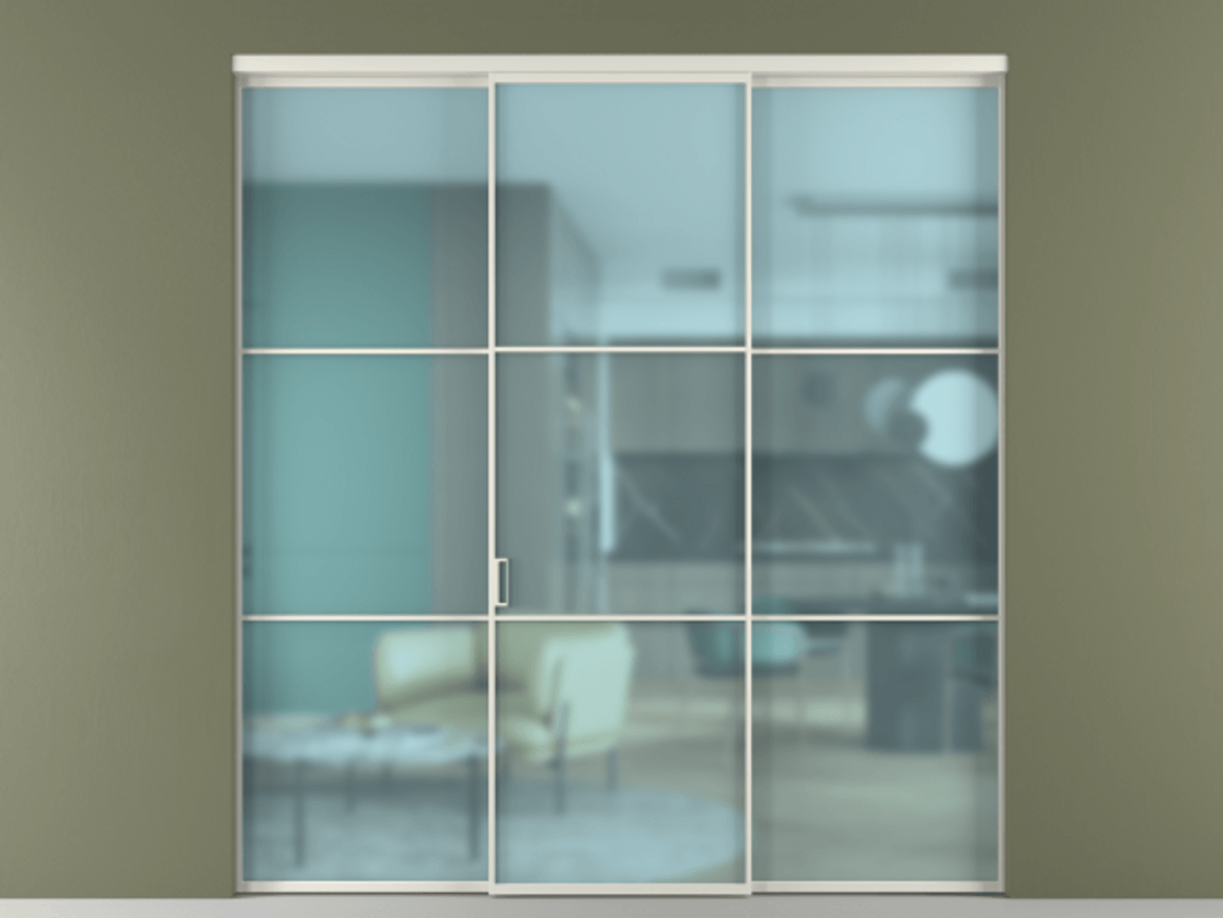 Перегородка Формато внутри проёма 3 створки АЛПР 040.03 Алюминий Белый Сатинированное голубое стекло, триплекс Цена 227975 ₽ | Volhovec