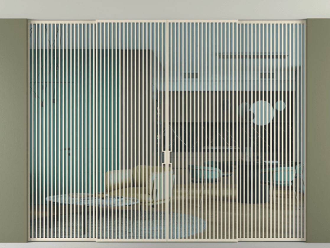 Межкомнатная дверь New Перегородка Formato внутри проёма четырёхстворчатая со скрытым креплением в потолок АЛПР 040.06 Алюминий бежево-серый Прозрачное голубое стекло, триплекс, 6мм Цена 5416800  | Volhovec