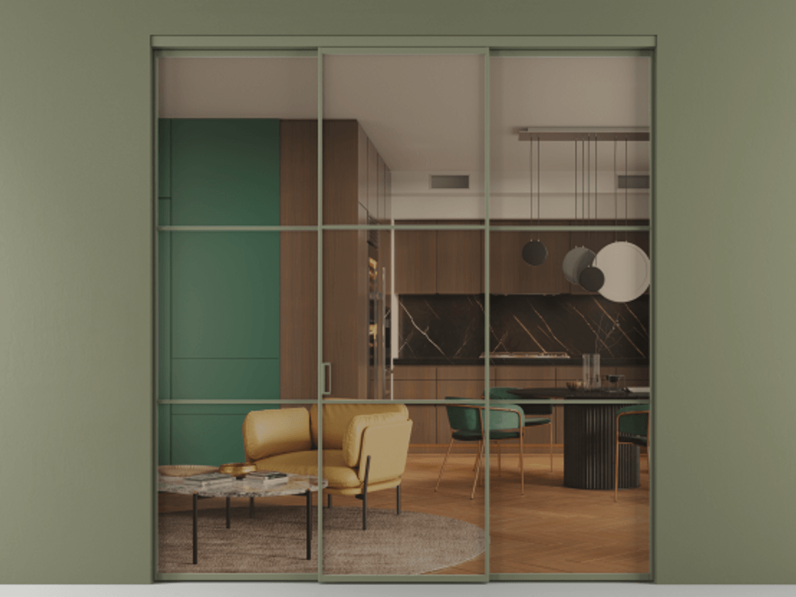 Перегородка Formato внутри проёма 3 створки АЛПР 040.03 Алюминий оливковый тёмный Прозрачное бронзовое стекло, триплекс Цена 237275 ₽ | Volhovec