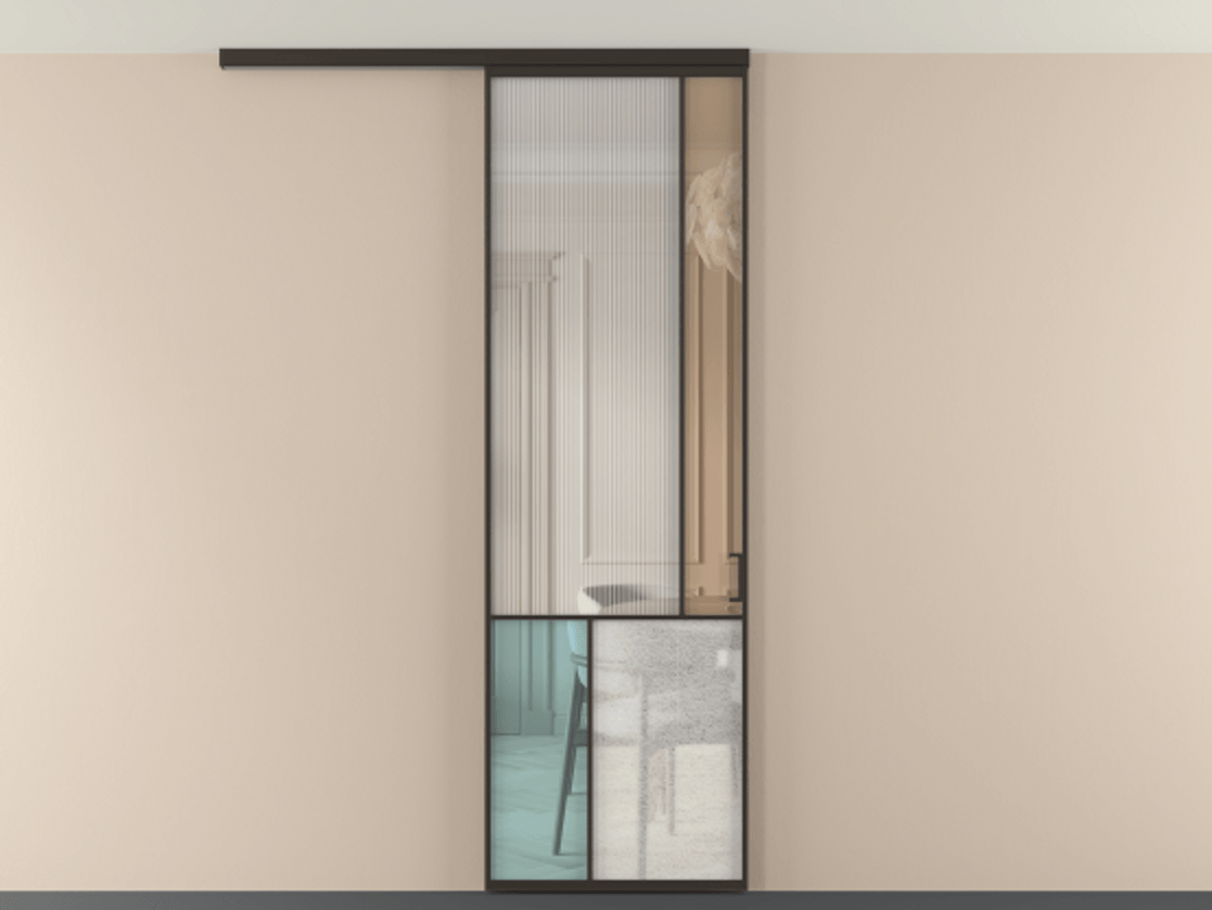 Перегородка Мозаик вдоль стены на потолок 1 створка АЛПР 041.21 Алюминий антрацит Комбинация стекол Группы 1 и Группы 3 Цена 141040 ₽ | Volhovec