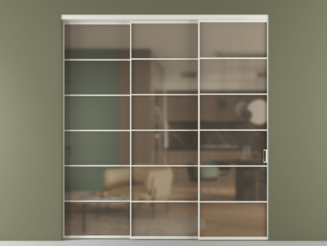 Перегородка Formato внутри проёма телескопик синхро 2 АЛПР 040.04 Алюминий Белый Сатинированное бронзовое стекло, триплекс Цена 346360 ₽  | Volhovec