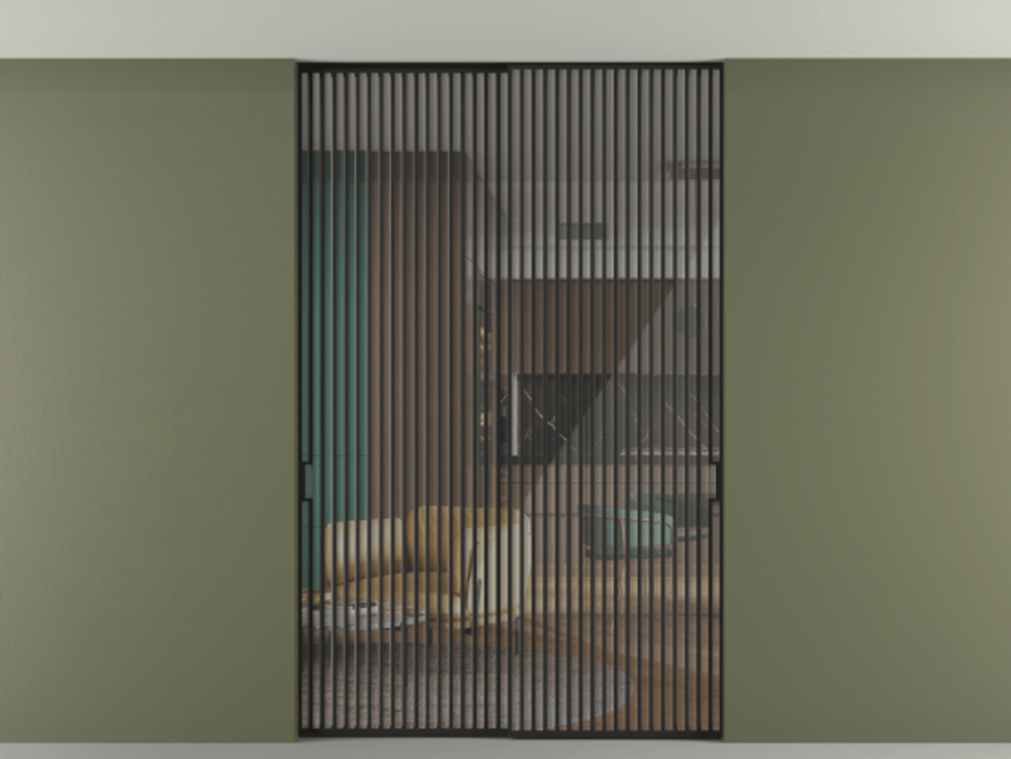 Перегородка Формато внутри проёма скрытое крепление в потолок 2 створки АЛПР 040.06 Алюминий Черный Рефлективное прозрачное стекло "Стопсол", калёное Цена 502860 ₽ | Volhovec