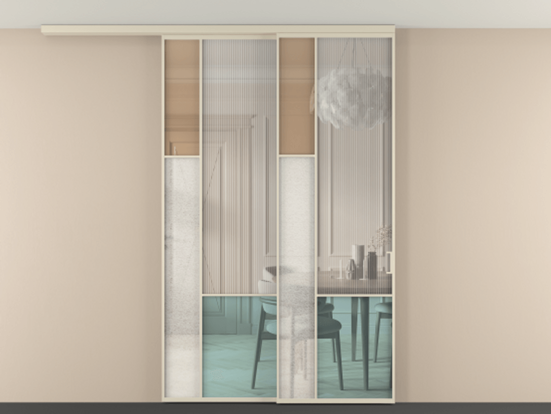 Перегородка Mosaic вдоль стены на потолок телескопик синхро 2 АЛПР 041.13 Алюминий бежево-серый Комбинация стекол Группы 1 и Группы 3 Цена 358080 ₽ | Volhovec