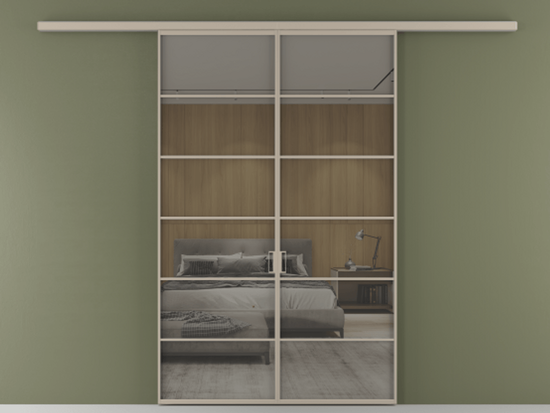 Перегородка Формато вдоль стены 2 створки АЛПР 040.04 Алюминий бисквитный Рефлективное серое стекло "Стопсол", калёное Цена 264600 ₽ | Volhovec