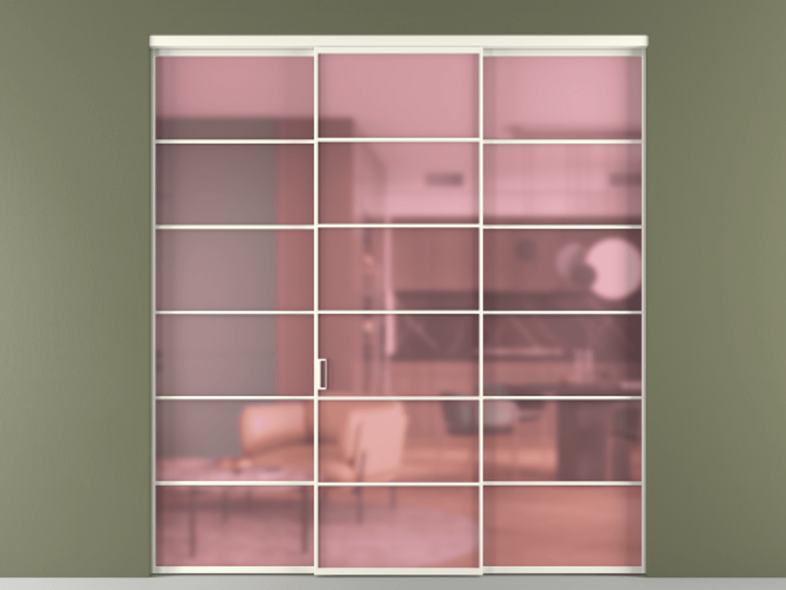 Перегородка Формато внутри проёма 3 створки АЛПР 040.04 Алюминий жемчужный Сатинированное розовое стекло, триплекс Цена 254825 ₽ | Volhovec