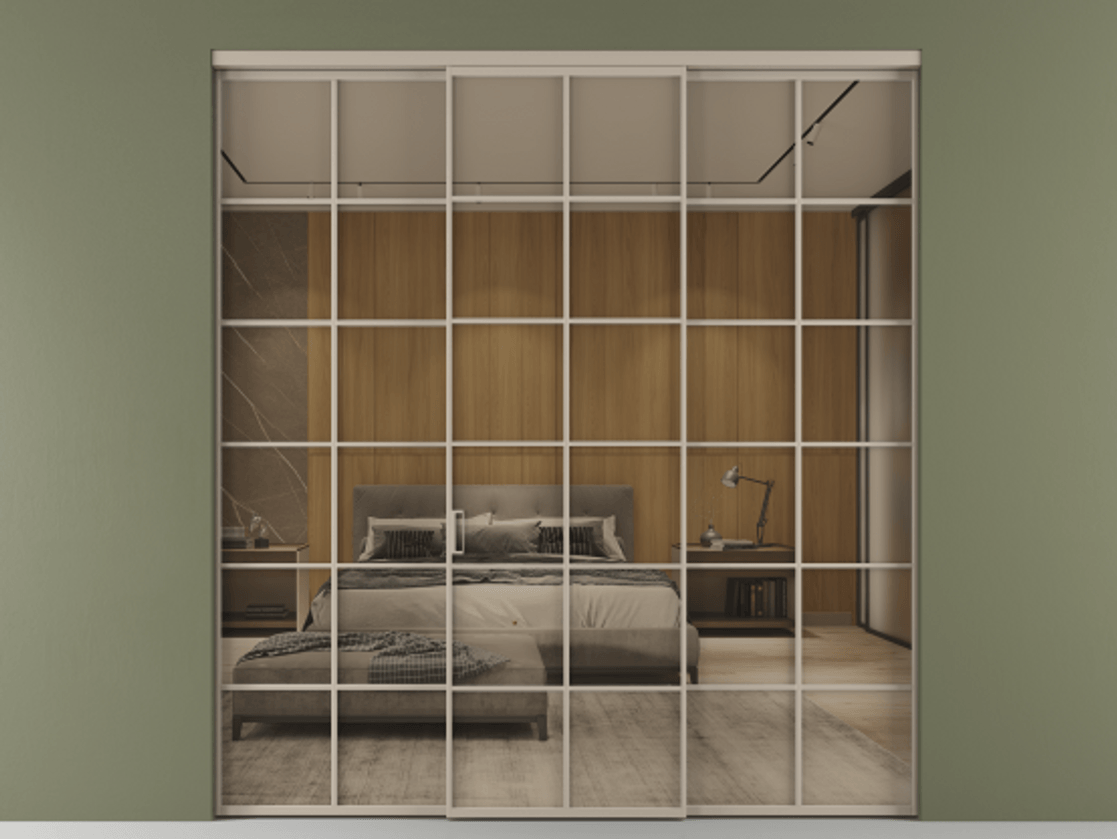 Перегородка Формато внутри проёма 3 створки АЛПР 040.05 Алюминий бисквитный Рефлективное бронзовое стекло "Стопсол", калёное Цена 341000 ₽ | Volhovec