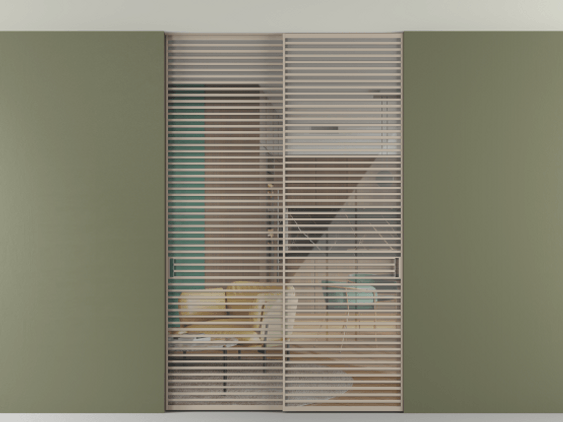 Перегородка Формато внутри проёма скрытое крепление в потолок 2 створки АЛПР 040.07 Алюминий бисквитный Рефлективное прозрачное стекло "Стопсол", калёное Цена 521120 ₽ | Volhovec