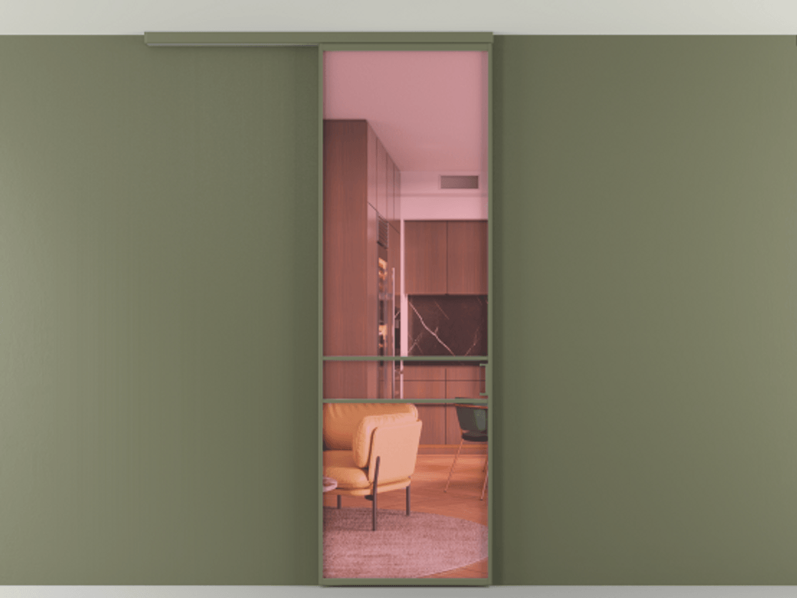 Перегородка Formato вдоль стены на потолок 1 створка АЛПР 040.02 Алюминий оливковый тёмный Прозрачное розовое стекло, триплекс Цена 100988 ₽ | Volhovec