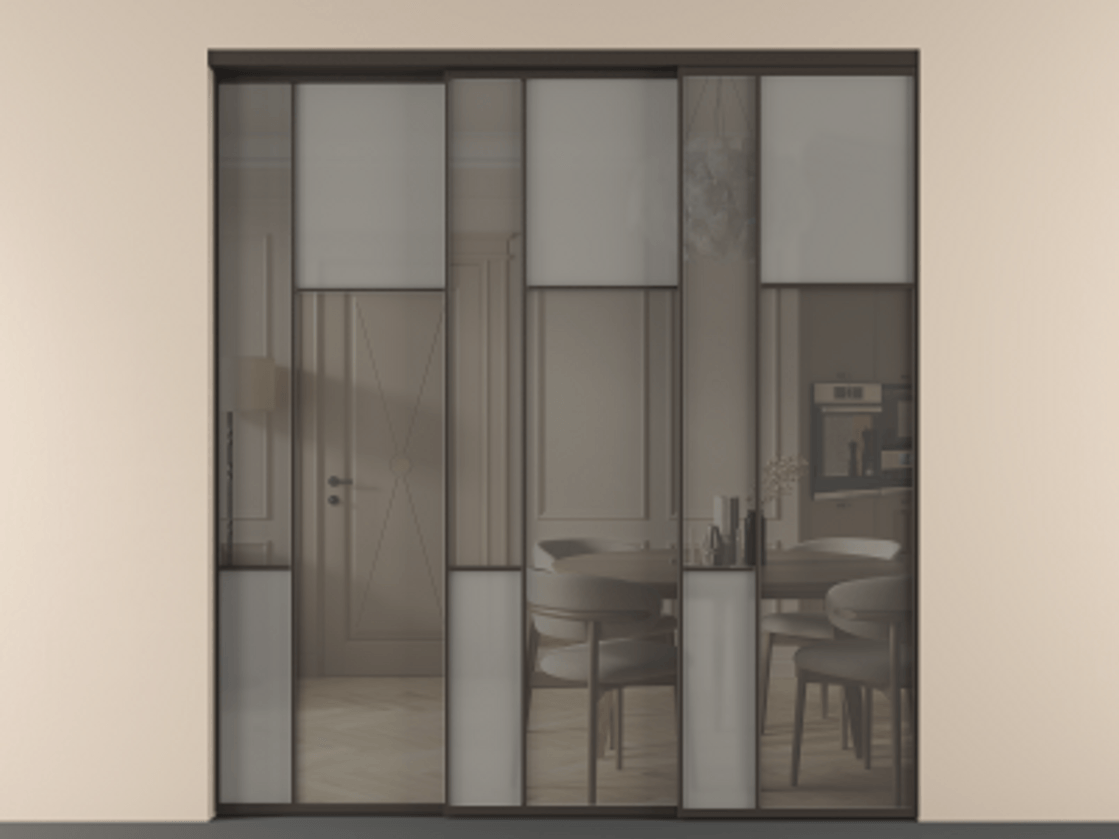 Перегородка Mosaic внутри проёма 3 створки с синхронным механизмом АЛПР 041.11 Алюминий антрацит Сатинированное серое стекло, триплекс, 6 мм + Прозрачное серое стекло, триплекс Цена 437390 ₽ | Volhovec