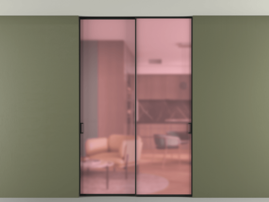 Перегородка Formato внутри проёма скрытое крепление в потолок 2 створки АЛПР 040.01 Алюминий Черный Сатинированное розовое стекло, триплекс Цена 240988 ₽ | Volhovec