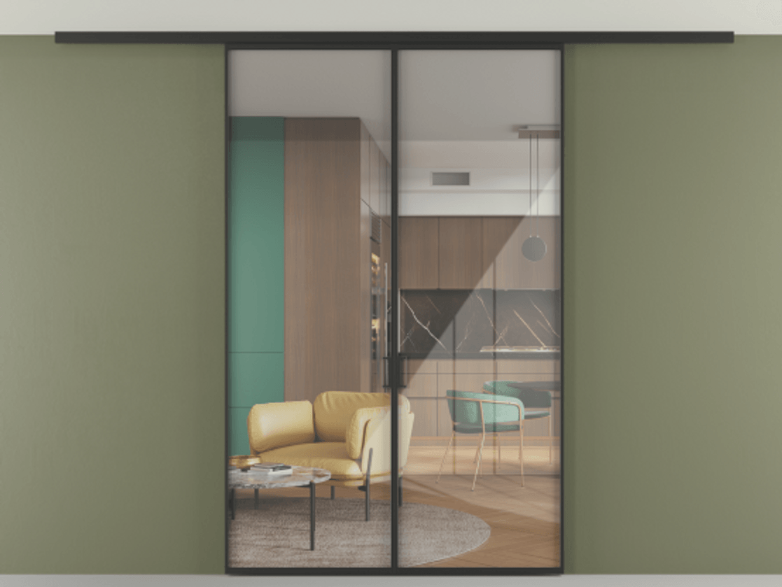 Перегородка Формато вдоль стены на потолок 2 створки АЛПР 040.01 Алюминий Черный Рефлективное прозрачное стекло "Стопсол", калёное Цена 223460 ₽ | Volhovec