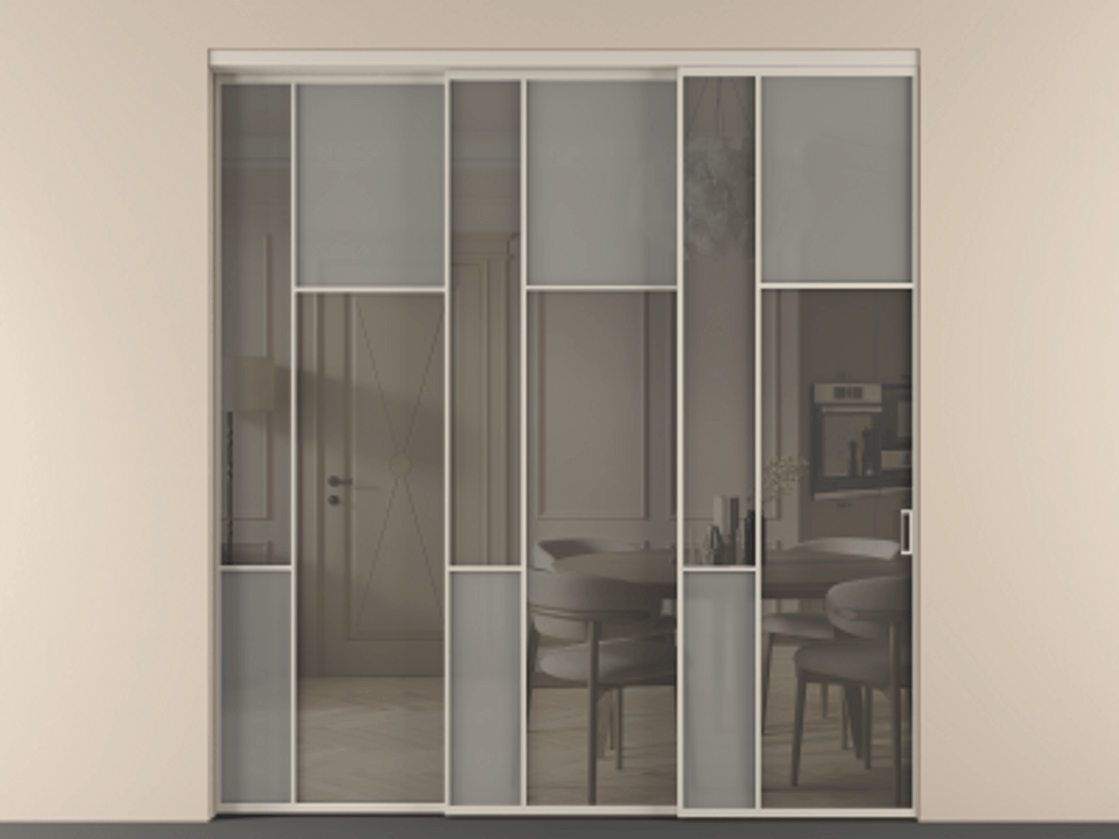 Перегородка Мозаик внутри проёма 3 створки с синхронным механизмом АЛПР 041.11 Алюминий светло-бежевый Сатинированное серое стекло, триплекс, 6 мм + Прозрачное серое стекло, триплекс Цена 437390 ₽ | Volhovec