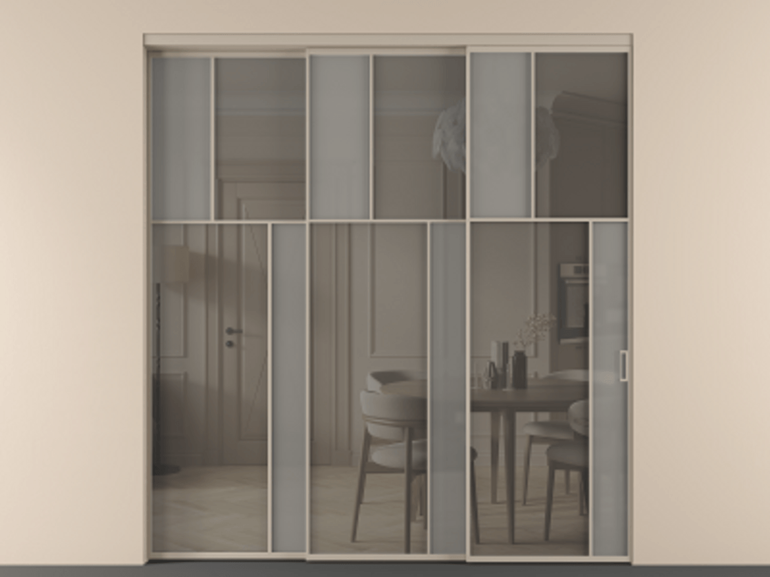 Перегородка Mosaic внутри проёма 3 створки с синхронным механизмом АЛПР 041.23 Алюминий бисквитный Сатинированное серое стекло, триплекс, 6 мм + Прозрачное серое стекло, триплекс Цена 437390 ₽ | Volhovec