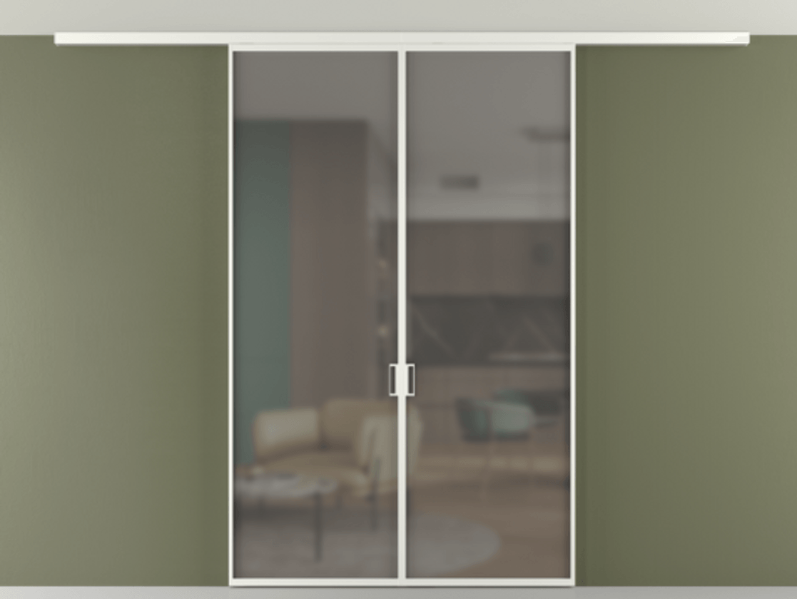 Перегородка Формато вдоль стены на потолок 2 створки АЛПР 040.01 Алюминий светло-серый Сатинированное серое стекло, триплекс Цена 177705 ₽ | Volhovec