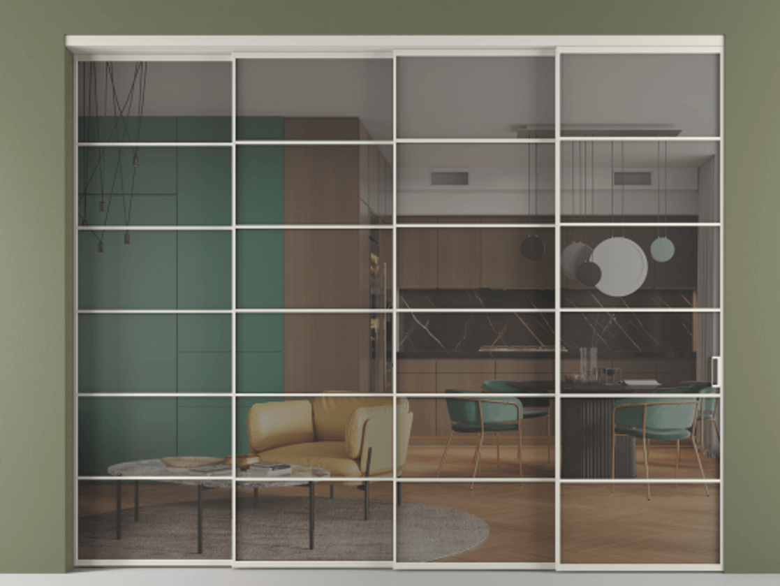 Перегородка Формато внутри проёма 4 створки с синхронным механизмом АЛПР 040.04 Алюминий тёплый серый Прозрачное серое стекло, триплекс Цена 488680 ₽ | Volhovec