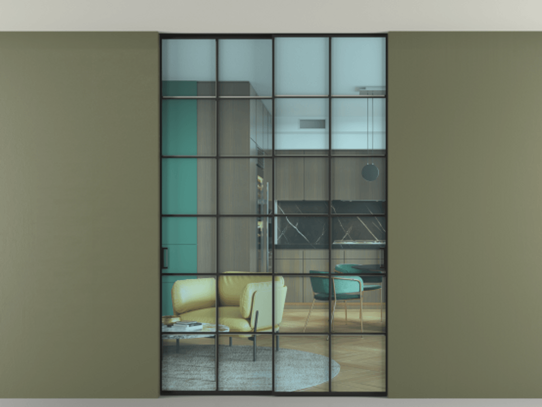 Перегородка Formato внутри проёма скрытое крепление в потолок 2 створки АЛПР 040.05 Алюминий Черный Прозрачное голубое стекло, триплекс Цена 263164 ₽ | Volhovec