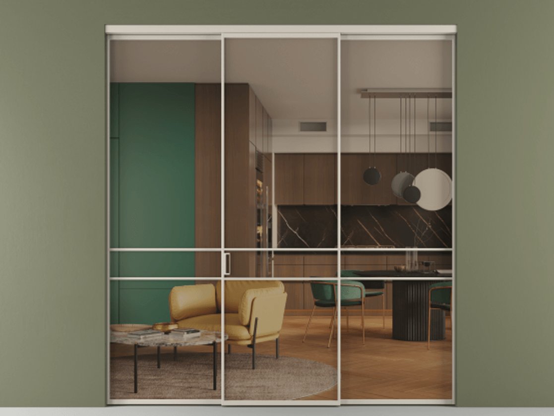 Перегородка Формато внутри проёма 3 створки АЛПР 040.02 Алюминий светло-бежевый Прозрачное бронзовое стекло, триплекс Цена 237275 ₽ | Volhovec