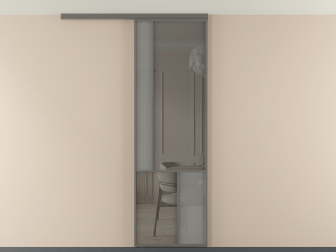 Перегородка Мозаик вдоль стены на потолок 1 створка АЛПР 041.20 Алюминий классический серый Сатинированное серое стекло, триплекс, 6 мм + Прозрачное серое стекло, триплекс Цена 135040 ₽ | Volhovec