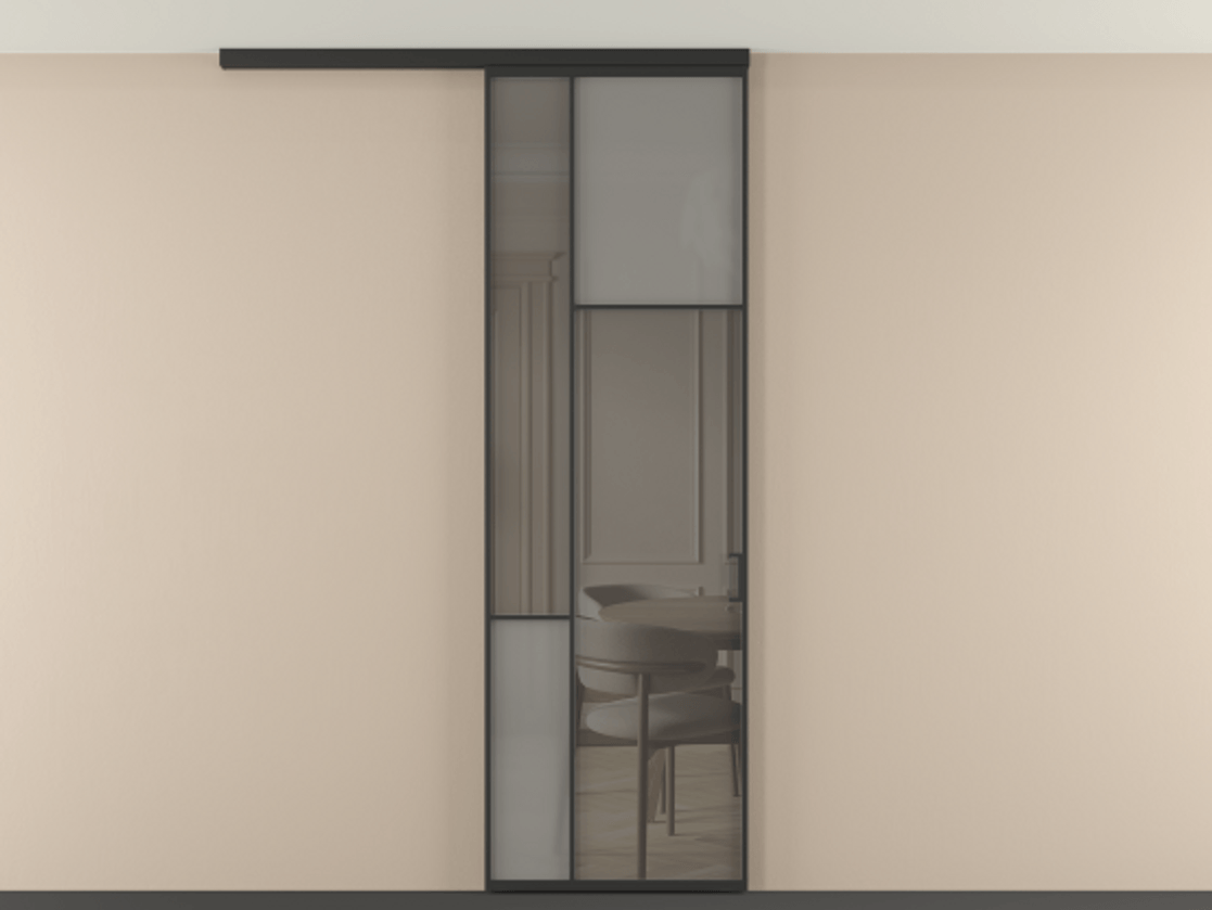 Перегородка Mosaic вдоль стены на потолок 1 створка АЛПР 041.11 Алюминий Черный Сатинированное серое стекло, триплекс, 6 мм + Прозрачное серое стекло, триплекс Цена 129560 ₽ | Volhovec