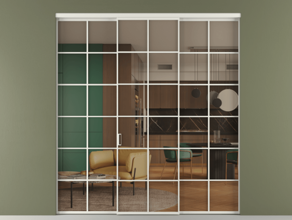 Перегородка Formato внутри проёма 3 створки АЛПР 040.05 Алюминий серый Прозрачное бронзовое стекло, триплекс Цена 254825 ₽ | Volhovec