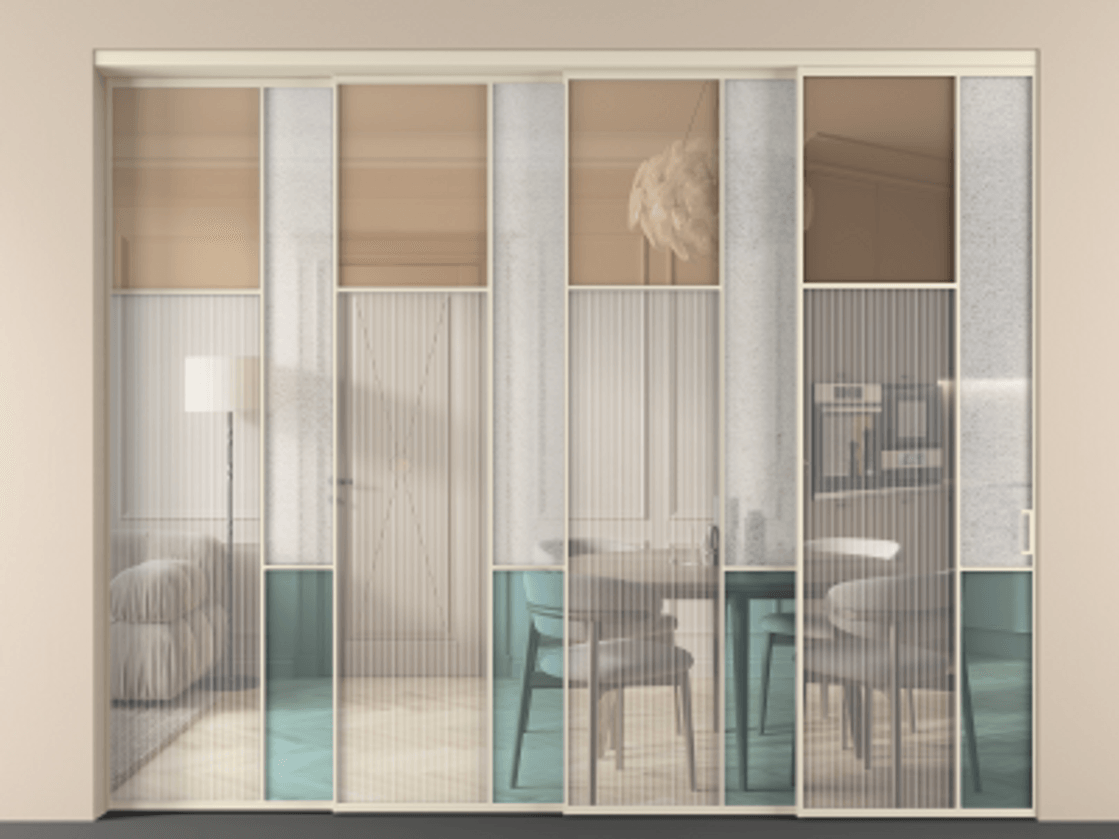 Перегородка Mosaic внутри проёма телескопик синхро 3 АЛПР 041.10 Алюминий бежево-серый Комбинация стекол Группы 1 и Группы 3 Цена 611520 ₽ | Volhovec