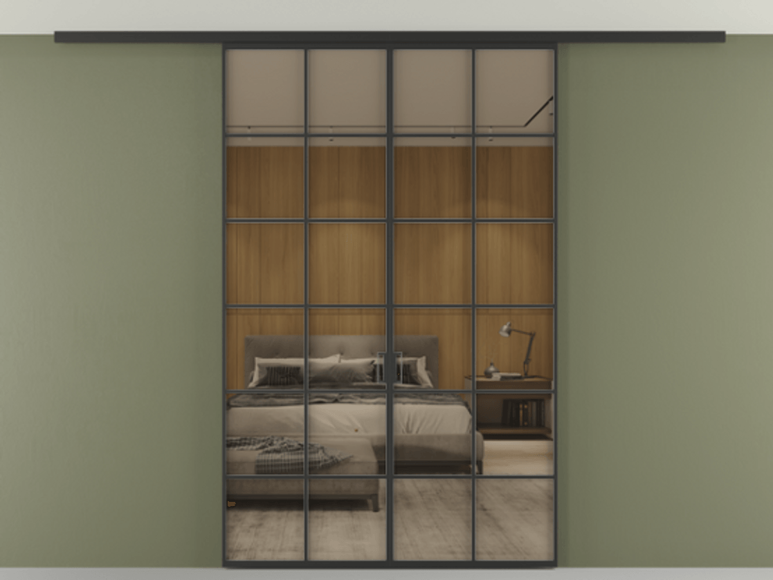 Перегородка Формато вдоль стены на потолок 2 створки АЛПР 040.05 Алюминий Черный Рефлективное бронзовое стекло "Стопсол", калёное Цена 251180 ₽ | Volhovec