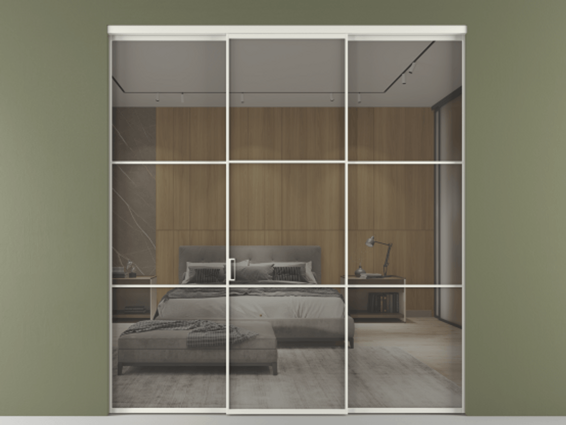 Перегородка Формато внутри проёма 3 створки АЛПР 040.03 Алюминий серый Рефлективное серое стекло "Стопсол", калёное Цена 317600 ₽ | Volhovec