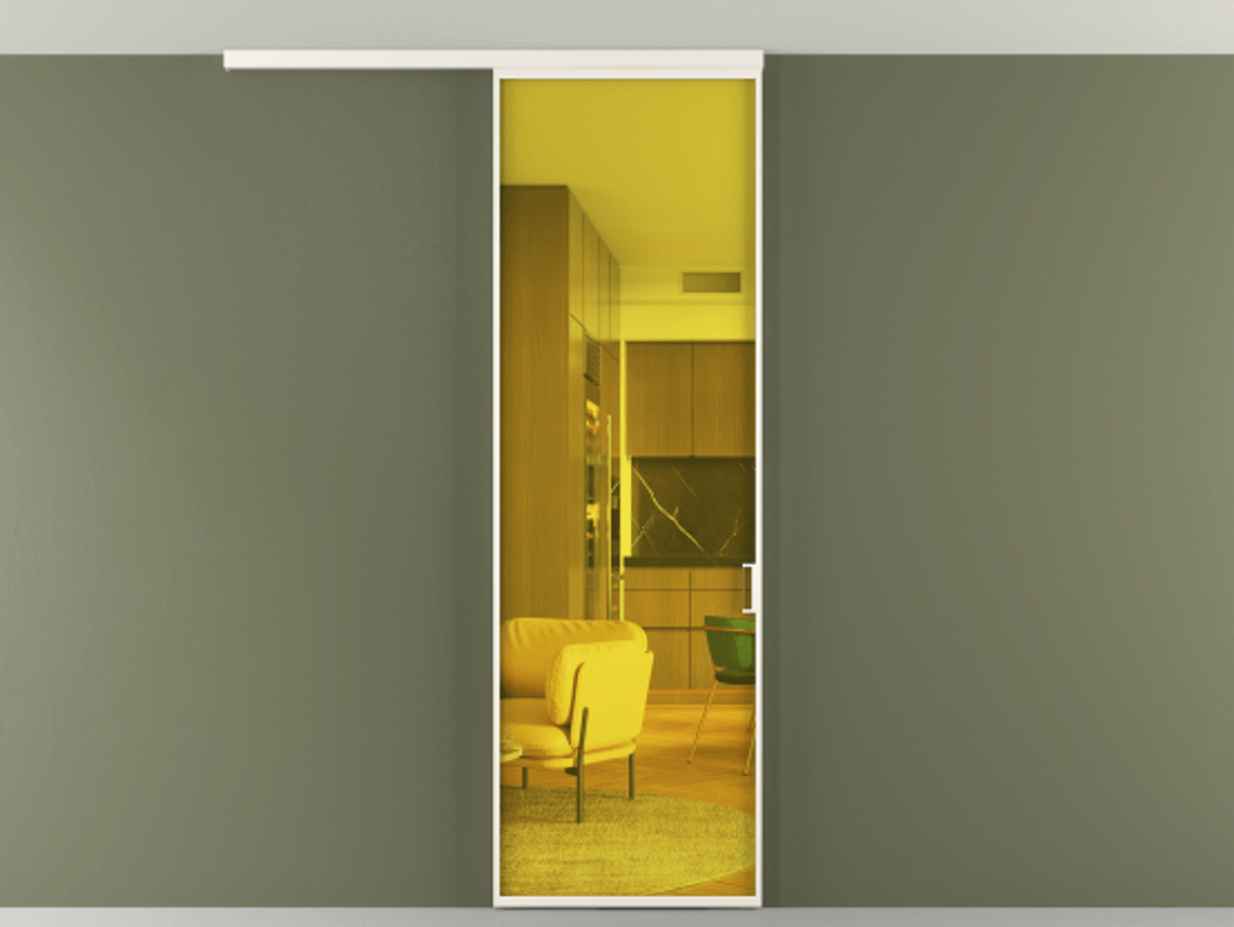 Перегородка Формато вдоль стены на потолок 1 створка АЛПР 040.01 Алюминий пудровый белый Прозрачное жёлтое стекло, триплекс Цена 92403 ₽ | Volhovec