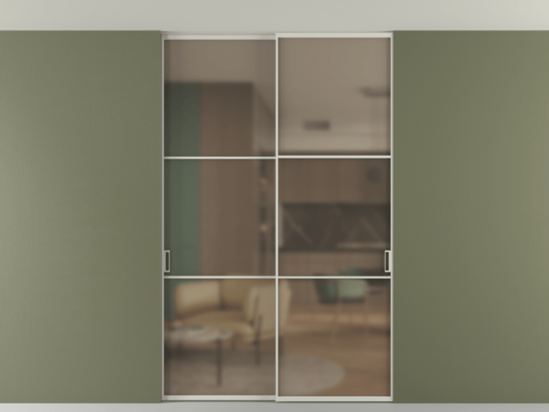 Перегородка Формато внутри проёма скрытое крепление в потолок 2 створки АЛПР 040.03 Алюминий тёплый серый Сатинированное бронзовое стекло, триплекс Цена 12940 AZE | Volhovec