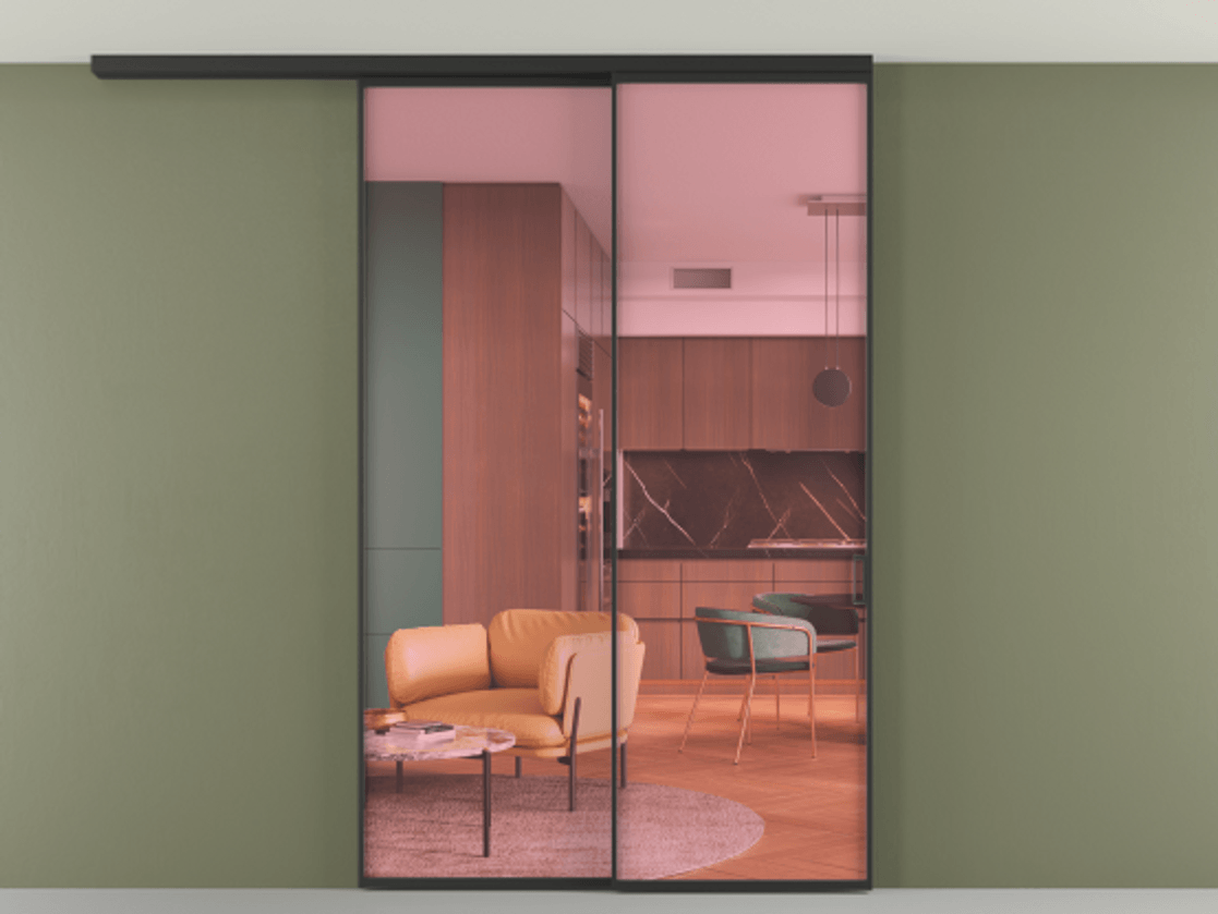 Перегородка Formato вдоль стены на потолок 2 створки с синхронным механизмом АЛПР 040.01 Алюминий Черный Прозрачное розовое стекло, триплекс Цена 255488 ₽ | Volhovec